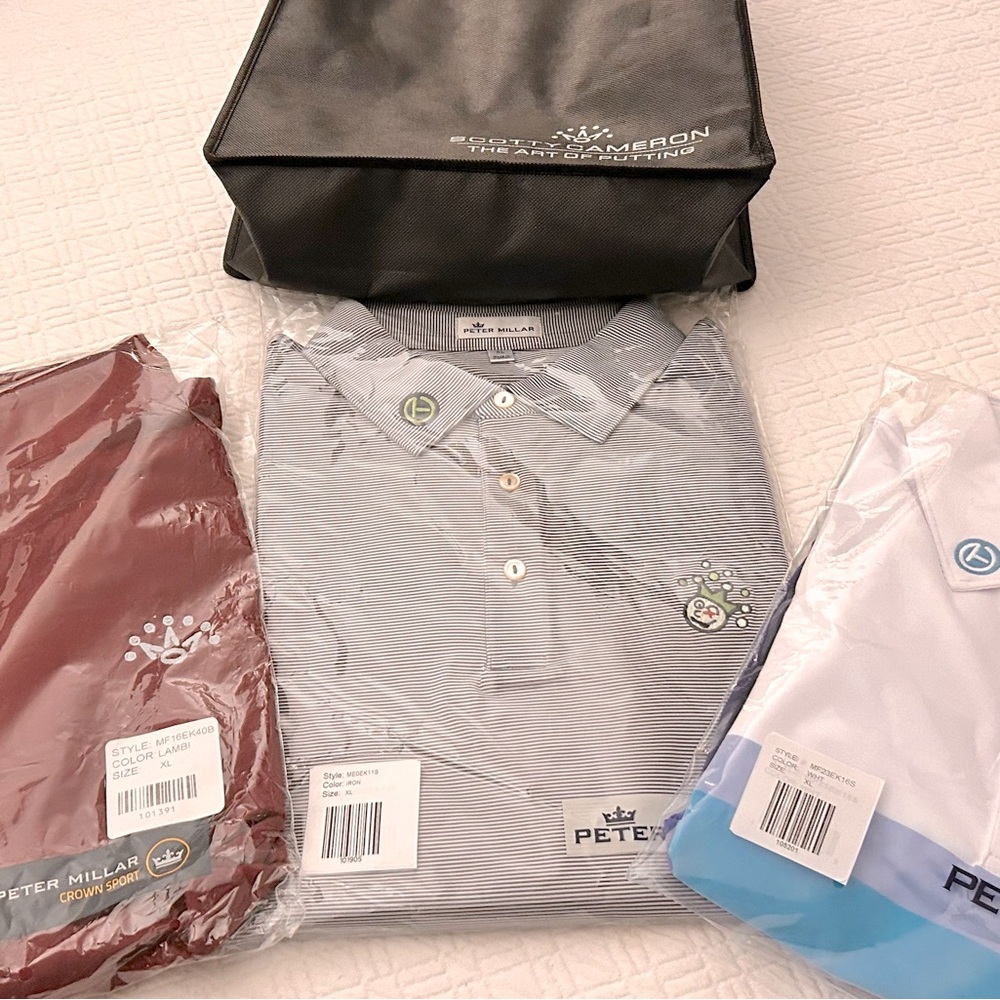 Set of 3 Scotty Cameron XL/Peter Millar Golf Tops 2 shirts, 1 3/4 zip & bag NWT.